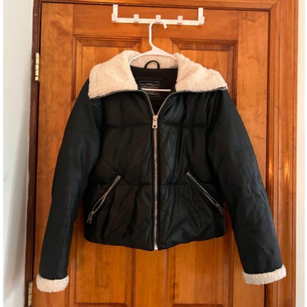Levi's Faux Leather Quilted Puffer Jacket Black Sherpa Collar Small